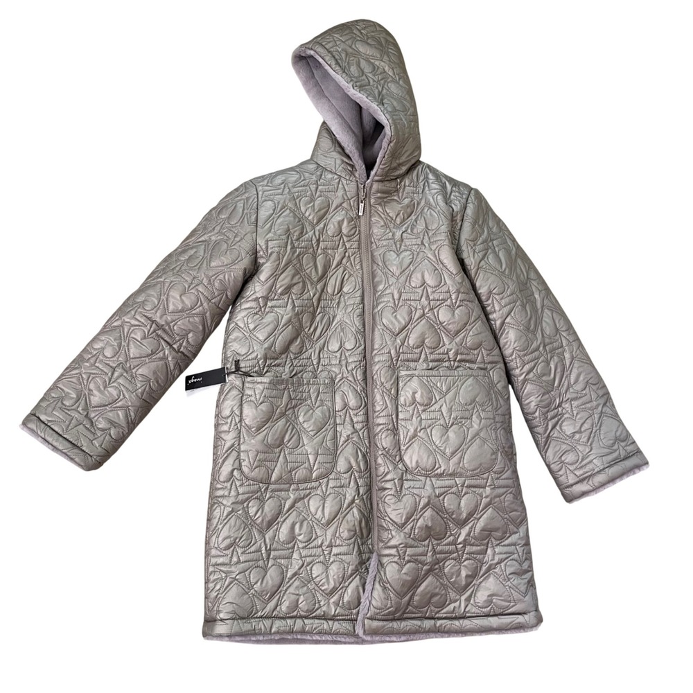 Imoga Yuria Dove Grey Heart Quilted Reversible Faux Fur Hooded Coat Girls 14 NEW